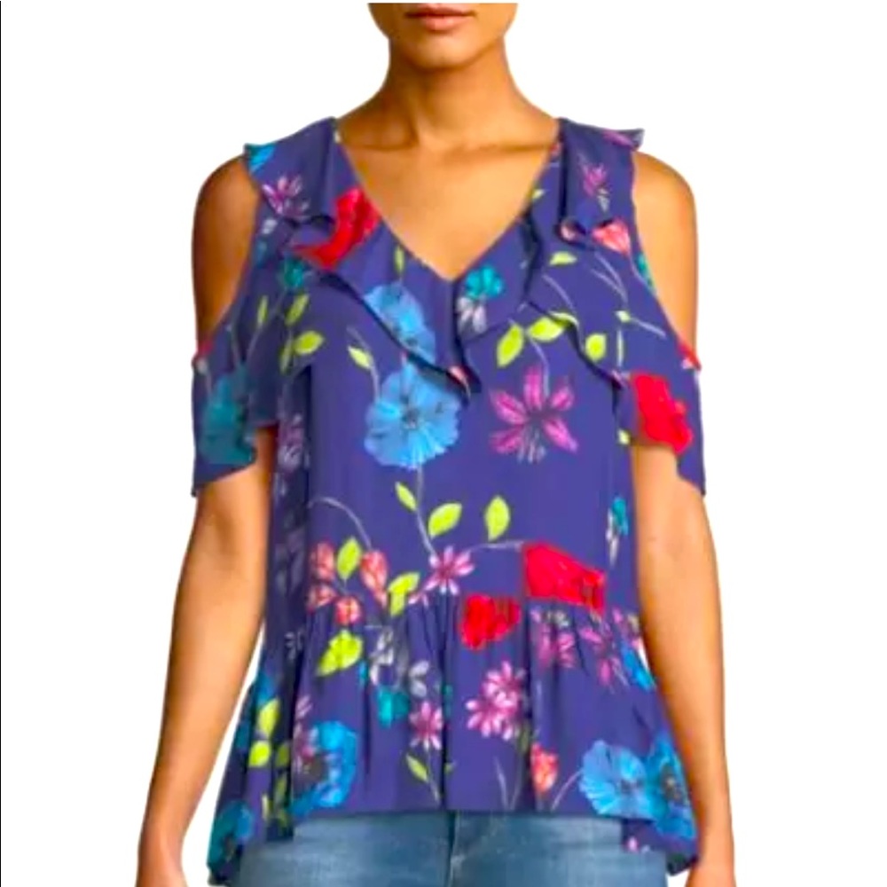 Parker “Debra”Cold Shoulder Floral Print Silk Top Blouse Large